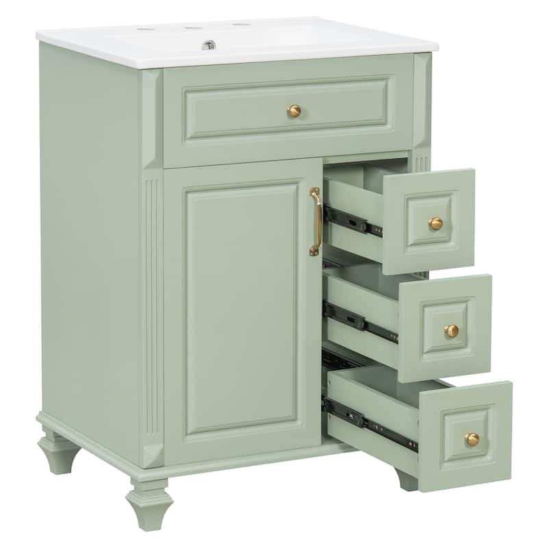 24"Bathroom Vanity with Sink, Freestanding Vanity Cabinet with Flip-Out Drawer, 3 Drawers & Storage Cabinet, Ceramic Sink Top
