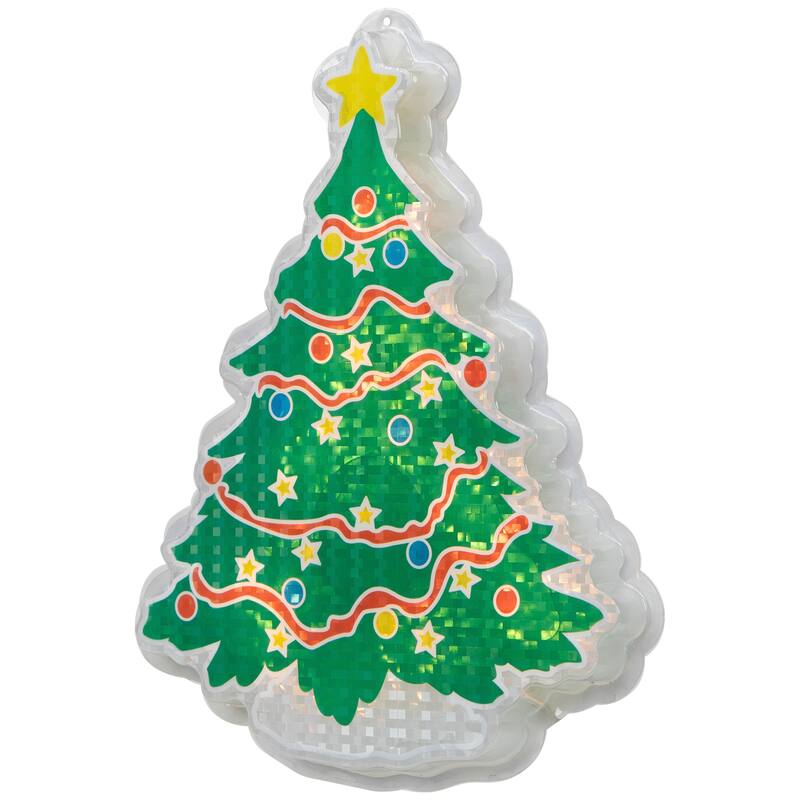 Lighted Holographic Christmas Tree Window Silhouette - 12.5" - Clear Lights