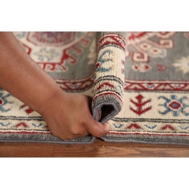 Geometric Kazak Runner Rug Handmade Oriental Grey Wool Carpet - 2'7" x 16'3"