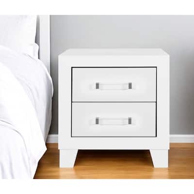 White 2 Drawer Wood Nightstand with Acrylic Handles Modern Bedside Table for Bedroom Decor