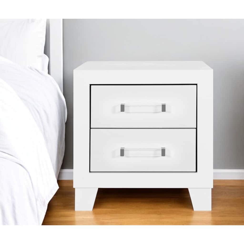 White 2 Drawer Wood Nightstand with Acrylic Handles Modern Bedside Table for Bedroom Decor