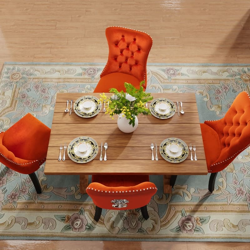 Solid Wood Velvet Upholstered Dining Chair Set of 4 - Orange