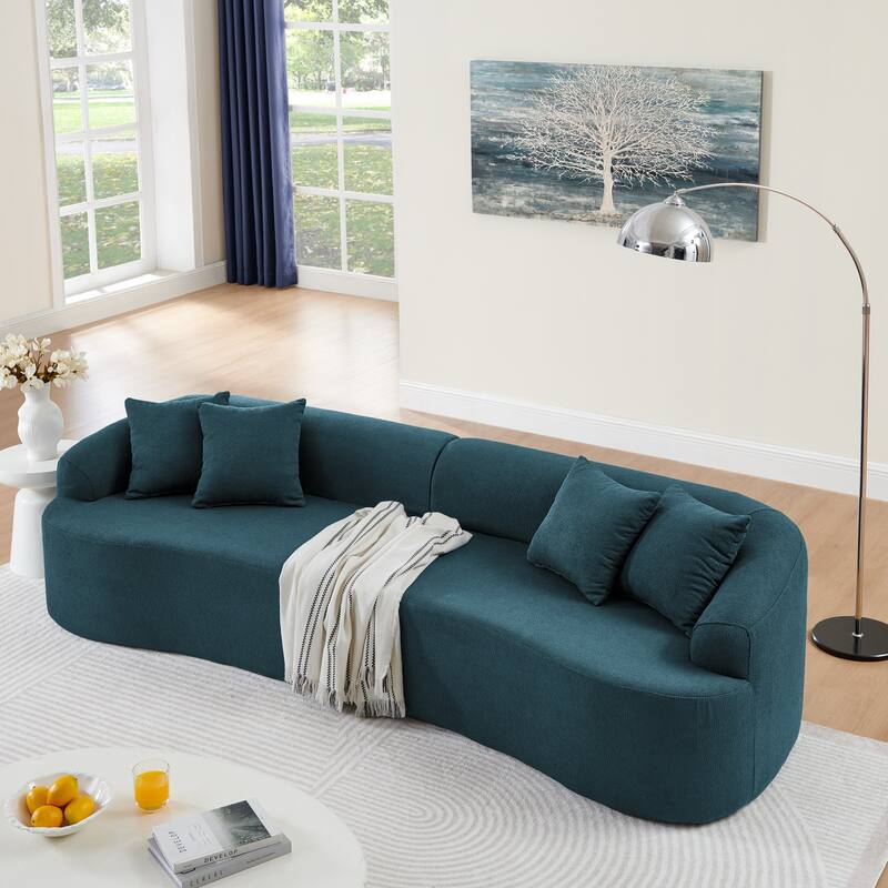 Curved Modular Sectional Sofa, Compressed 4-Seater Foam Couch, Comfy Wool Fabric Upholstered Sofa for Living Room, Bedroom - Blue