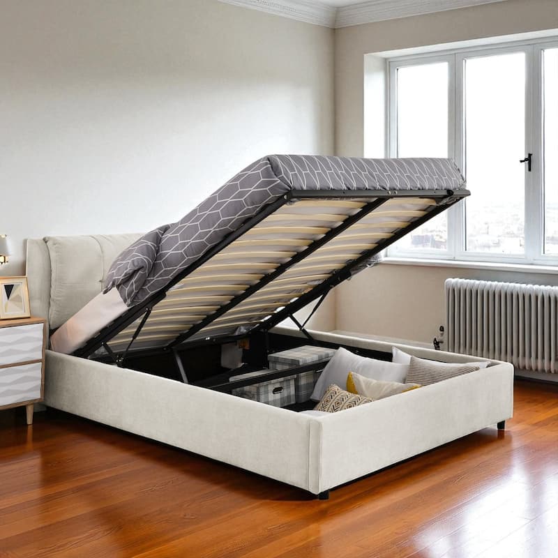 Queen/King Size Upholstered Hydraulic Storage Platform Bed with Chenille Fabric and Integrated Headboard