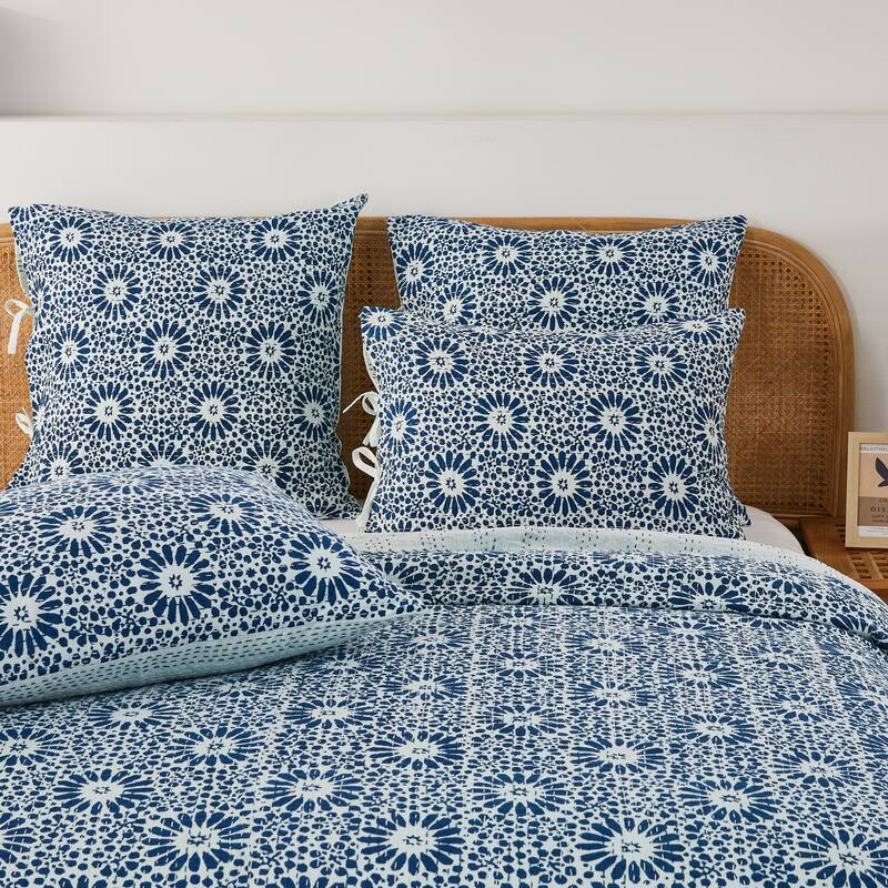 Melange Hand Stitched Kantha Flower Block Print Coverlets and Shams