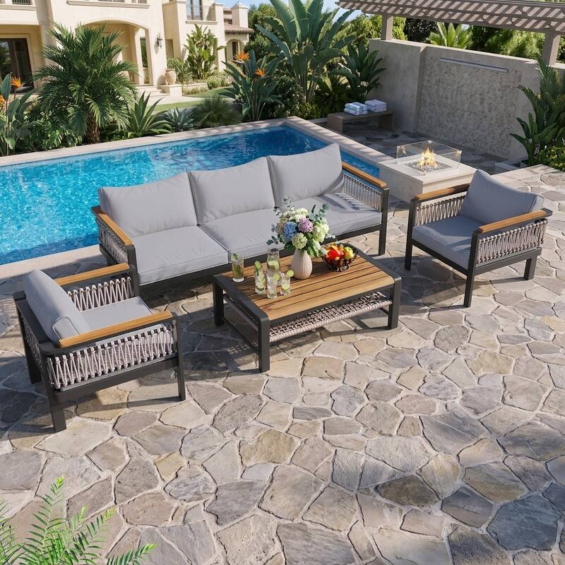 4-Piece Outdoor Conversation Sofa Set with Acacia Wood Coffee Table by Leisure Zone - Gray