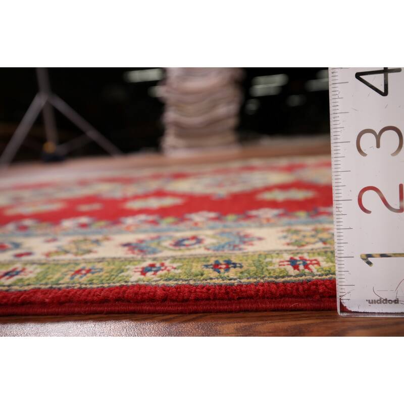 Red Geometric Kazak Accent Rug Hand-Knotted Wool Carpet - 3'5" x 4'10"