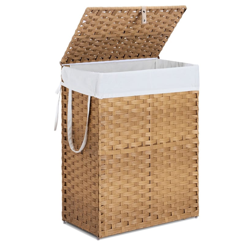 Laundry Hamper with Lid, Synthetic Rattan Clothes Laundry Basket with Lid and Handles, Foldable, Removable Liner