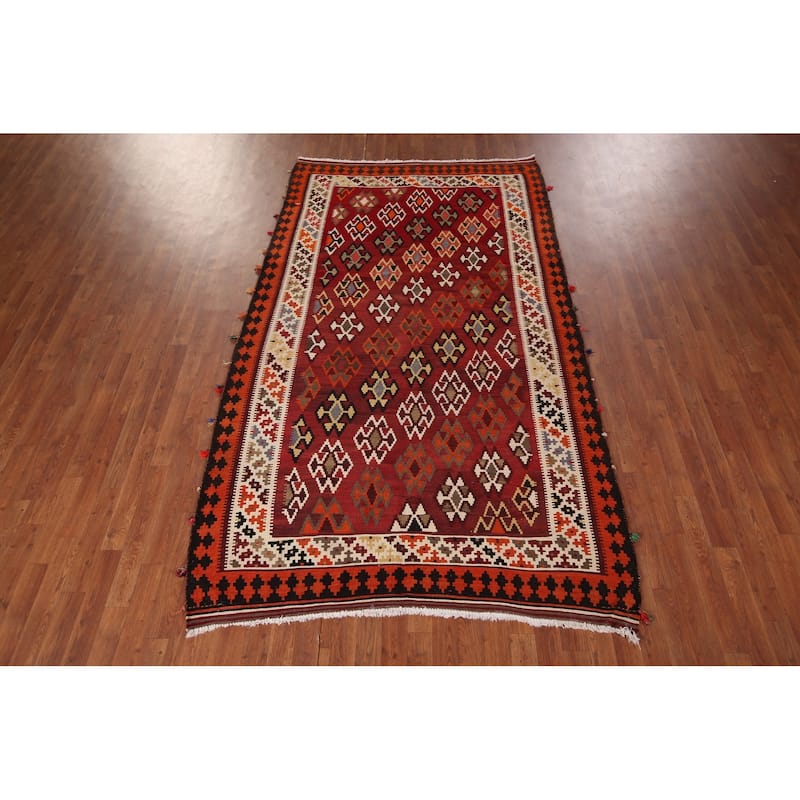 Vegetable Dye Kilim Qashqai Persian Vintage Flatweave Wool Carpet - 5'5" X 9'0"