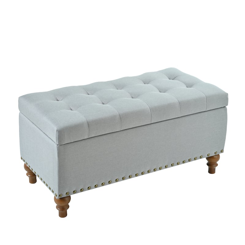 Linen Fabric Storage Ottoman Bench, Multi-Functional Storage Ottoman, End of Bed Bench with Hidden Hinge Lid & Rivet Trim
