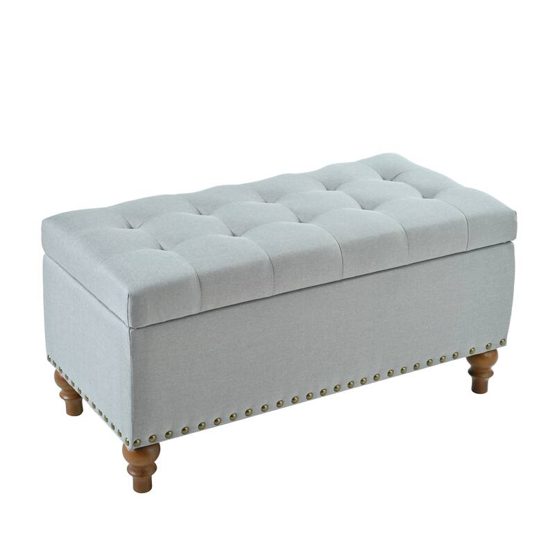Ottoman storage bench, recessed support hinge top easy to open, rivet trim around, bedroom, entrance, living room, linen - Grey