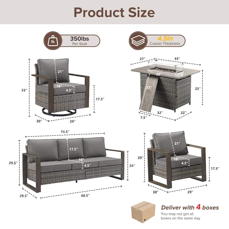 Meyreso Wicker Outdoor Patio Fire Pit Set with Swivel Gliders and Olefin Cushions