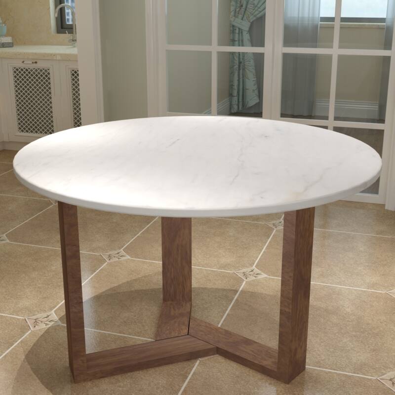 Fina Table, Round White Genuine Marble Top, Natural Brown Mango Wood 3 Leg Sled Base