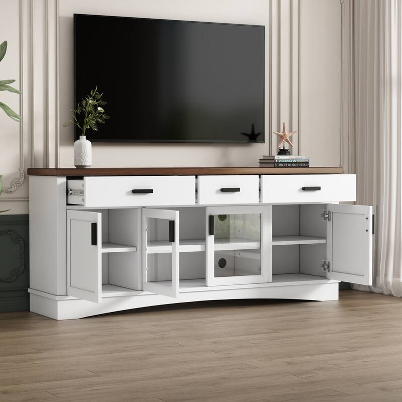 Roomfitters 67 Inch TV Stand with Glass Doors and Storage Drawers, Modern Entertainment Console with Adjustable Shelves - White