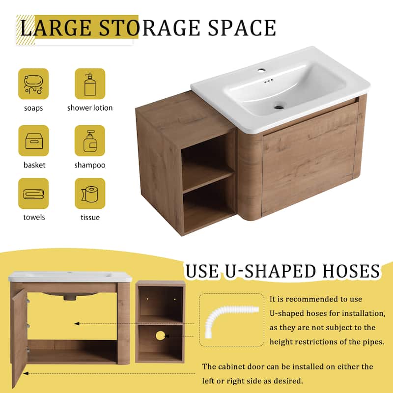 40'' Wall-Mounted Bathroom Vanity with White Ceramic Sink and Storage Shelves & 1-Soft-Close Door, KD-Packing, Plywood
