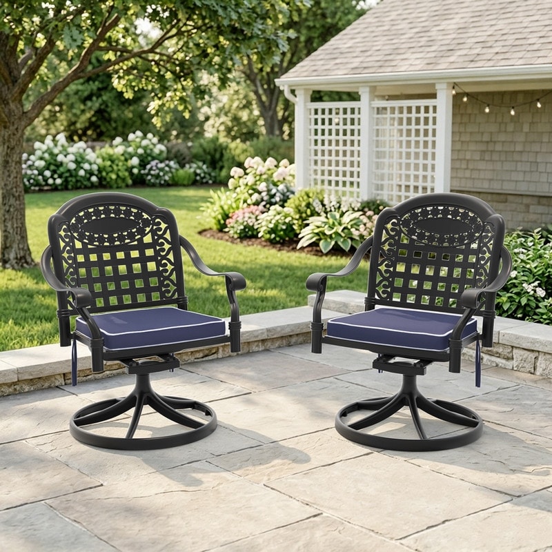 Patio Elegant Pattern Cast Aluminum 360° Swivel Dining Chairs, Set of 2 with Cushions