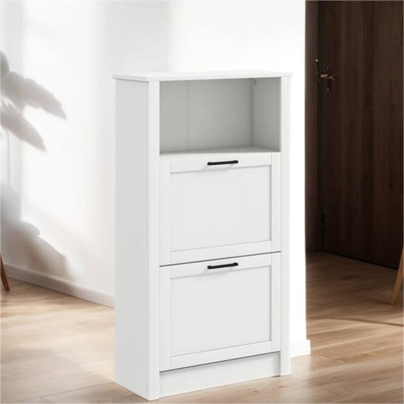Wood Shoe Storage Cabinet with Compartment and Flip Drawers