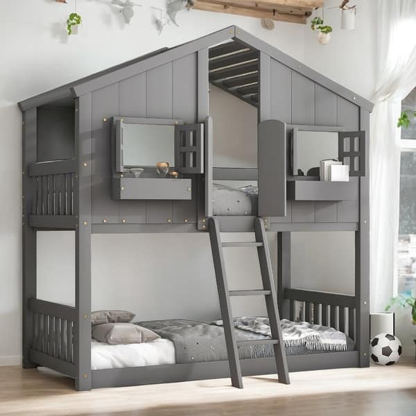 slide 2 of 12, Twin over Twin Wood House Roof Bunk Bed with Roof, Window, Window Box and Door, with Safety Guardrails and Ladder, Grey Grey