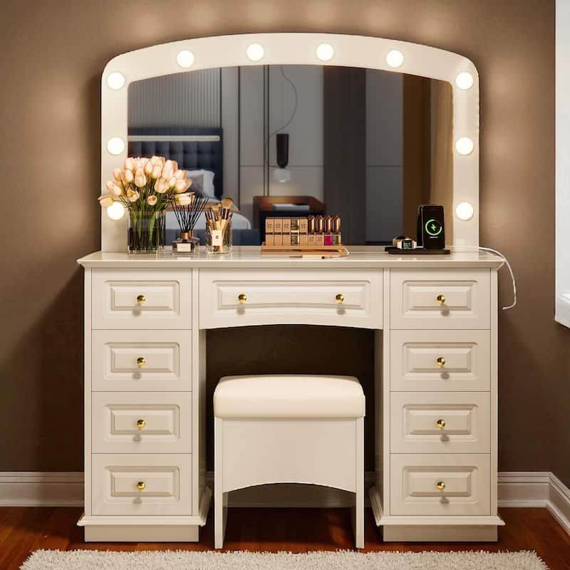 Makeup Vanity with 10 Hollywood Bulbs, Cushioned Storage Stool, 3 Light Modes and 9 Drawers