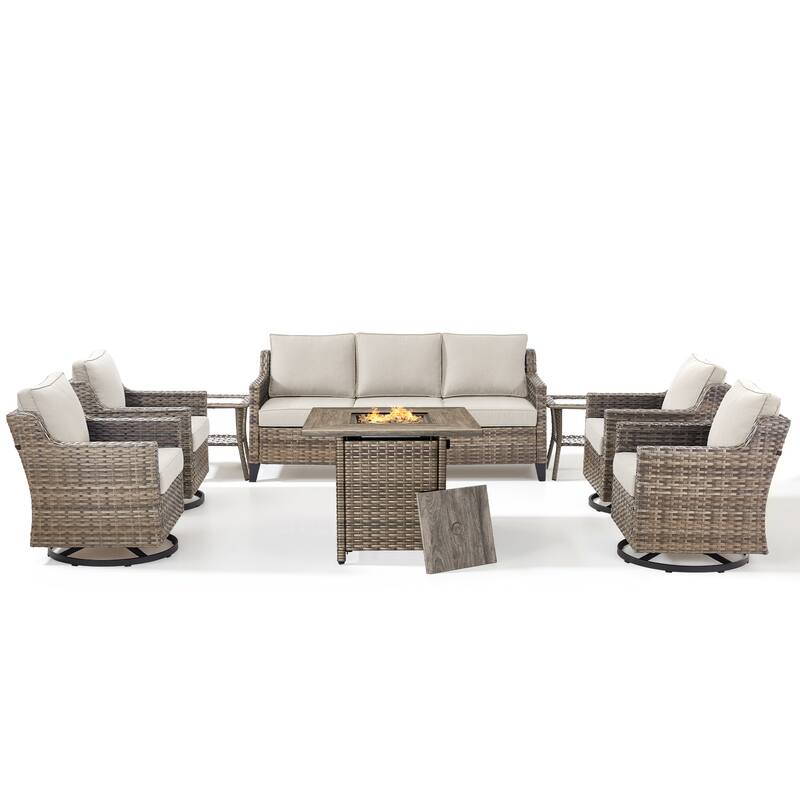 Pocassy Outdoor Swivel Chair with Sofa with Fire Pit Table