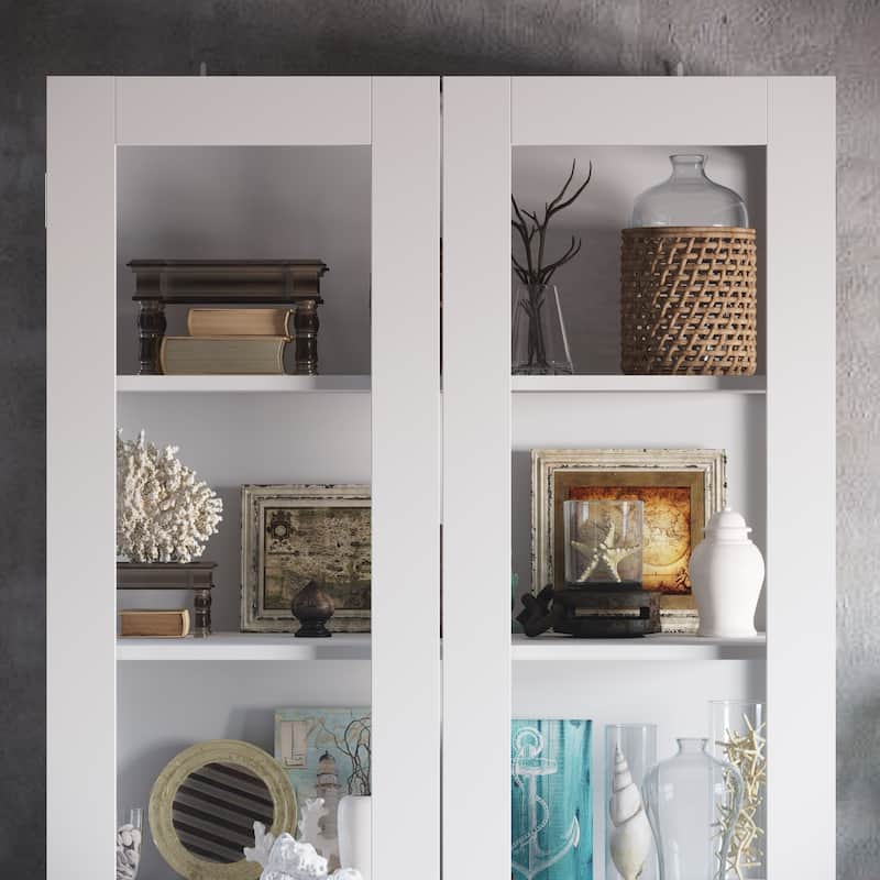 Bookcase Display Cupboard Curio Cabinet 2 Glass Door White Lacquer - 70.9"Hx31.5"W