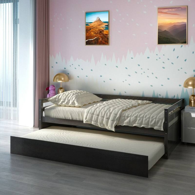 Metal Twin Size Trundle Platform Bed Frame with Wooden Slat Support and Space-Saving Design
