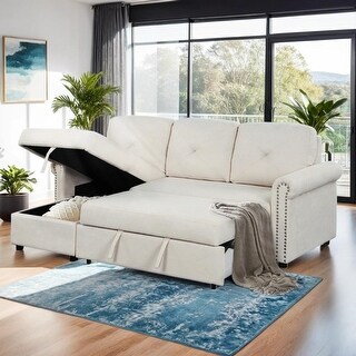 83" Modern Convertible Sleeper Sofa Bed with Storage Chaise, Beige ...