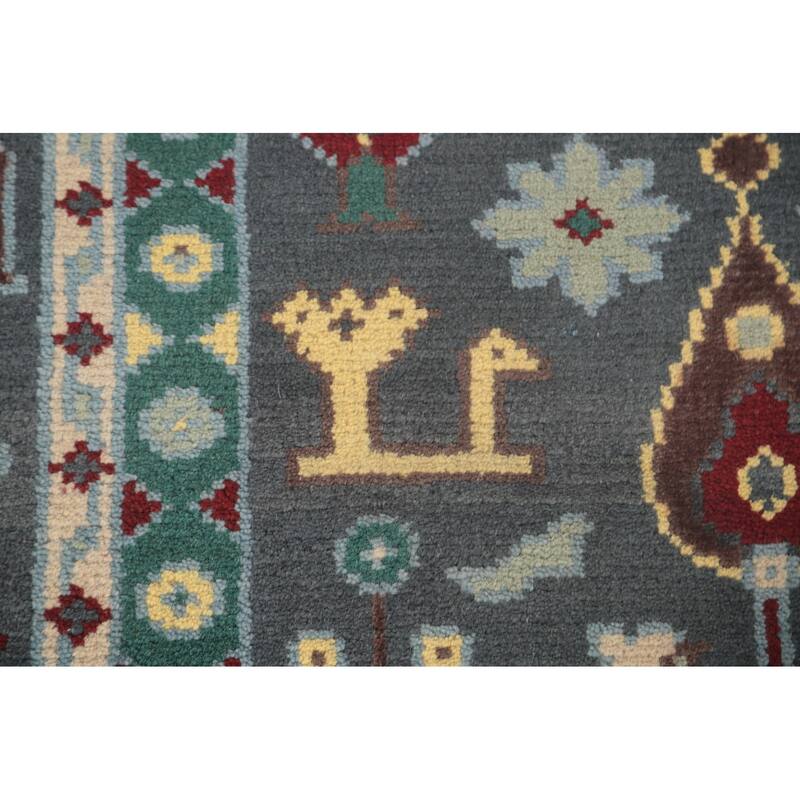 Geometric Grey Kazak Area Rug Handmade Wool Carpet - 8'9"x 11'7"