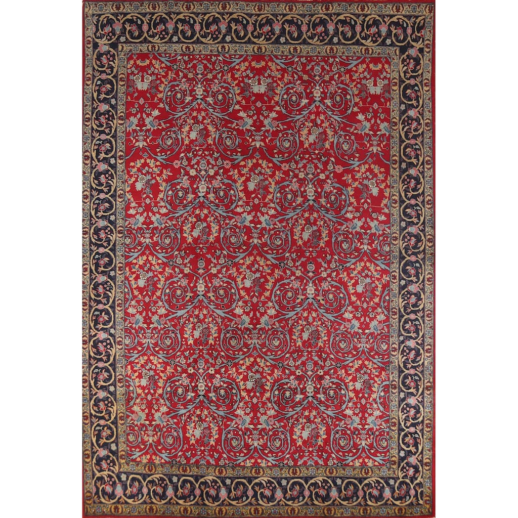Hand Knotted Oriental 100% Wool Carpet Traditional All-Over Red Kerman Area Rug - 12' 2'' X 9' 2''