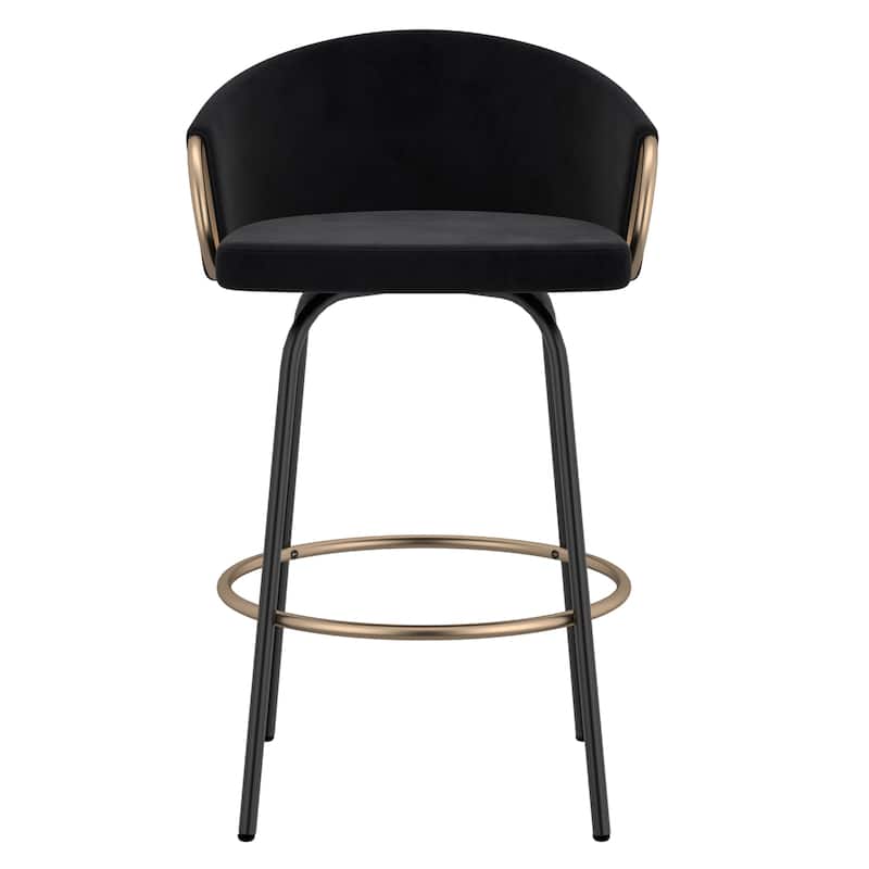 Contemporary Velvet and Metal 26" Counter Stool, Set of 4 - Grey and Black and Gold