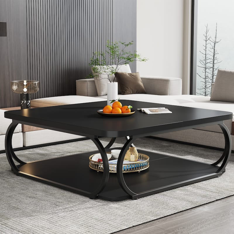 39" Large Square Wood Coffee Table, 2 Tier Tea Table with Storage Shelf, Center Table for Living Room & Home Office