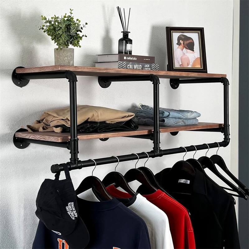 60In Industrial Pipe Clothing Rack with Top Shelf