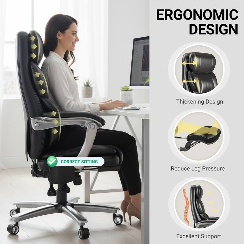 Executive Office Chair with Massage, Heat and Reclining Footrest - Wide Ergonomic Swivel Chair