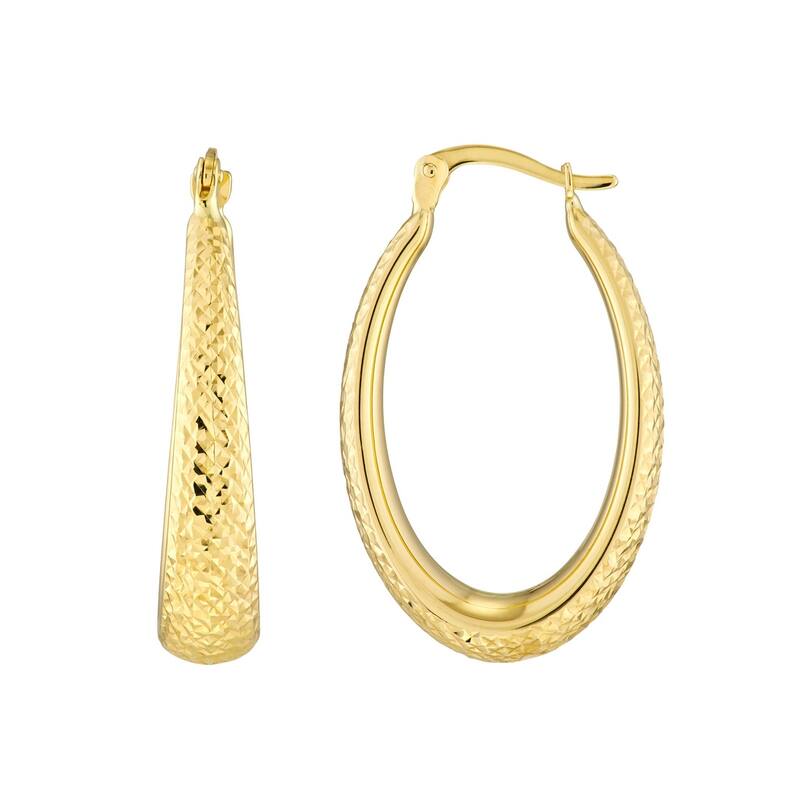 Curata 14k Yellow Gold Graduated 28mm Textured Oval Hoop Earrings