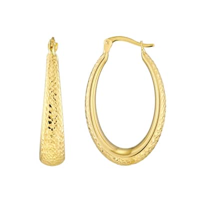 Curata 14k Yellow Gold Graduated 28mm Textured Oval Hoop Earrings