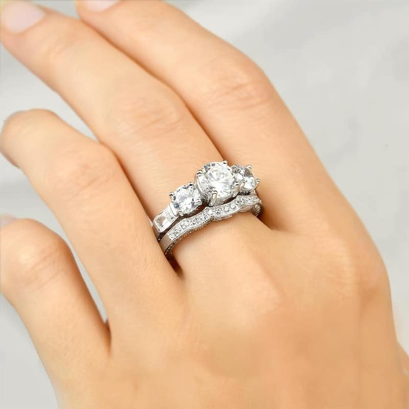 2.25 CT Brilliant Round Cut 3-Stone Wedding Band Ring Set Silver