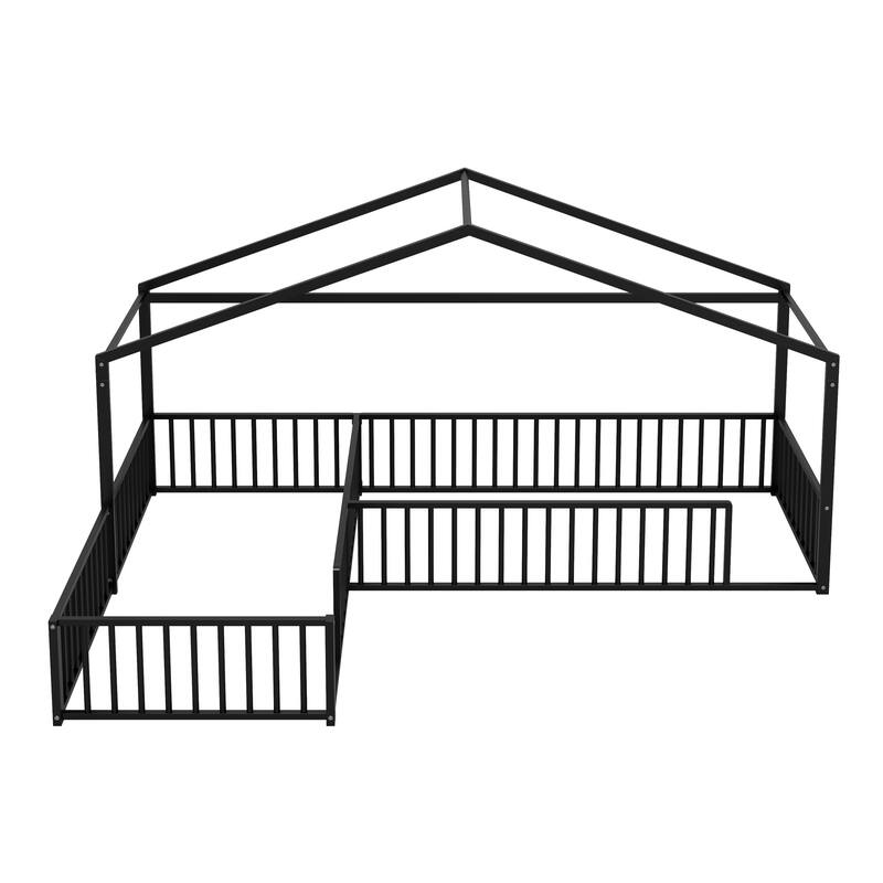 Twin Size L-shaped Corner Montessori Bed with Fence, Metal House-shaped Bed Frame, Without Slats, Floor House Bed for 2 Kids
