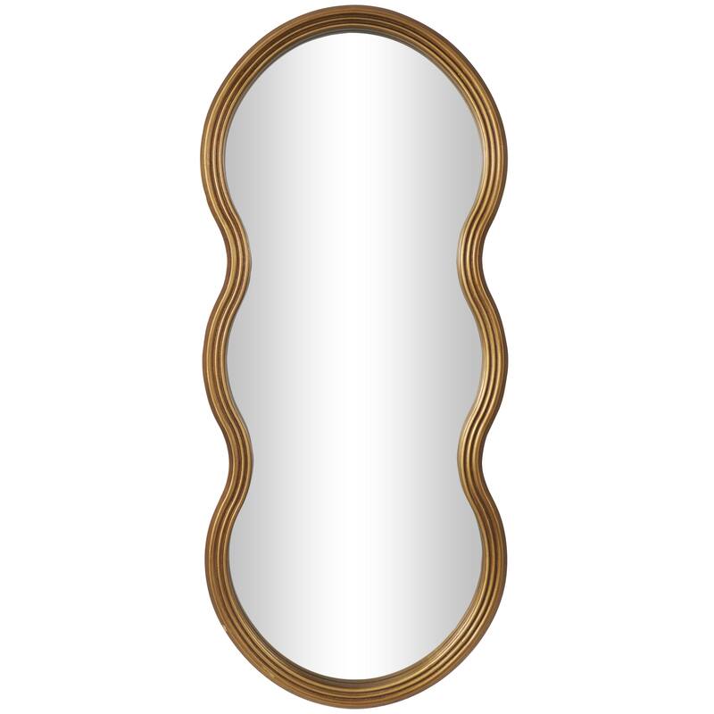 Wooden Wavy Shaped Room Wall Mirror with Ribbed Frame - Gold - Roche River Decor - Gold