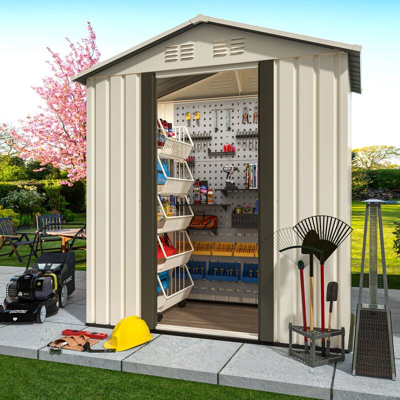 Rust-resistant Steel Storage Shed with Waterproof Panels & Sliding Lockble Door Garden Shed Tool Shed Pet Shed - Cream White