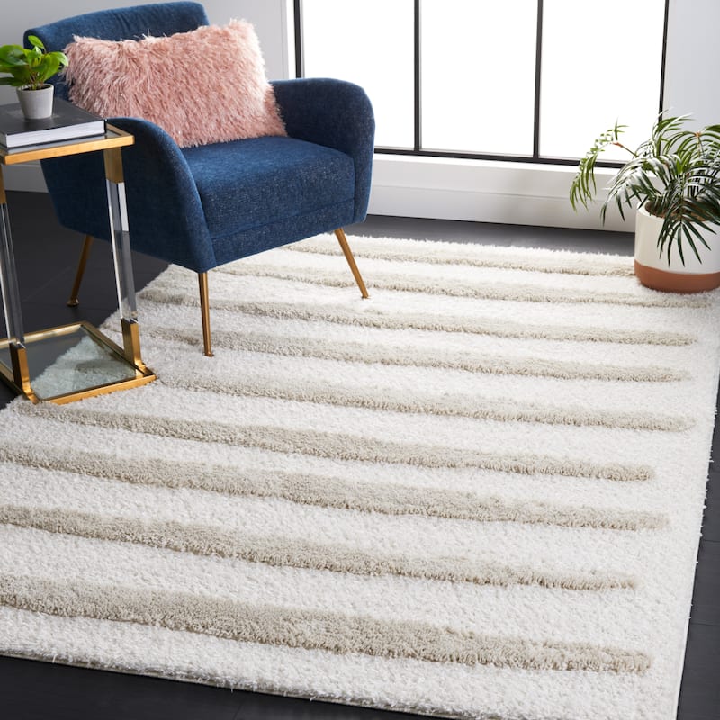 SAFAVIEH Hi-Lo Shag Agista Modern Stripe 1.6-inch Thick Rug - 4' x 6' - Beige