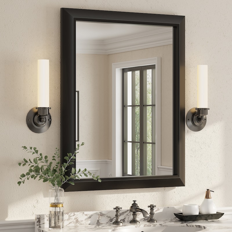 Beveled Metal Rectangle Framed Bathroom Vanity Tempered Glass Mirrors - 36" x 28" - Black