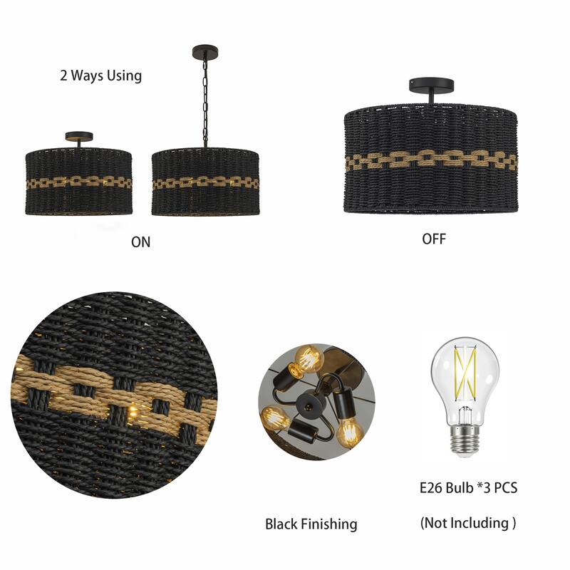 Kira 3-Light Rattan Rope Drum Pendant, Coastal Boho - Handwoven - 18" Wide