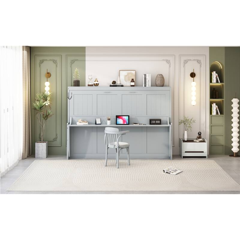 Roomfitters Full/Queen Murphy Bed with Hydraulic Lift and Folding Desk, Space Saving Wall Mounted Sleeper