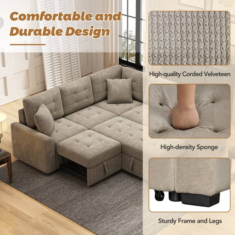 82.6" L-shape Sofa Bed,Sleeper Sofa with Wheels and USB Ports