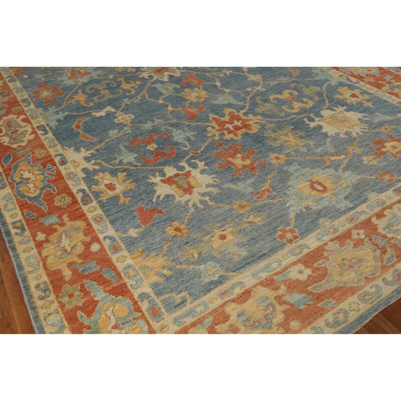 Hand Knotted Oriental 100% Wool Carpet Transitional All-Over Navy Blue & Blues Oushak Area Rug - 10' 8'' X 8' 0''