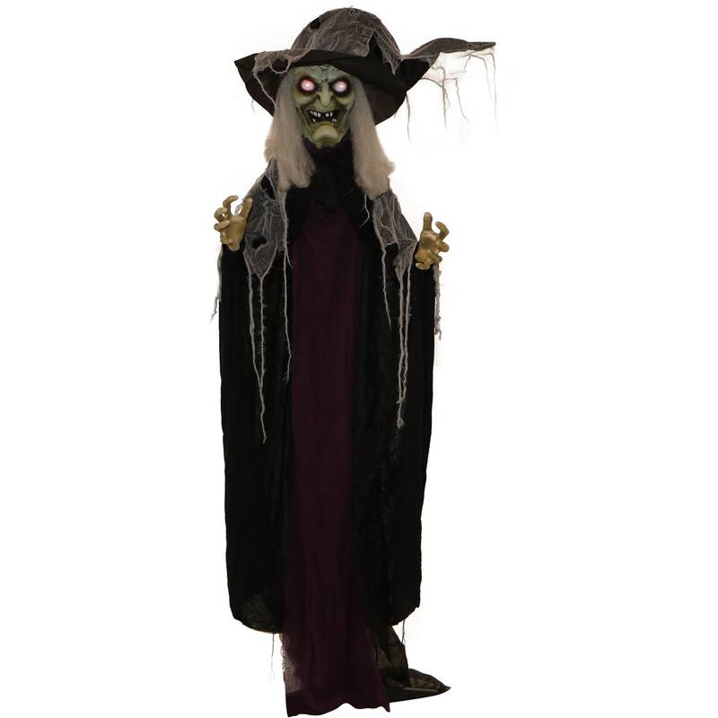 Haunted Hill Farm 6.9-ft. Standing Witch, Indoor/Covered Outdoor Halloween Decoration, LED Red Eyes, Poseable, Spinster