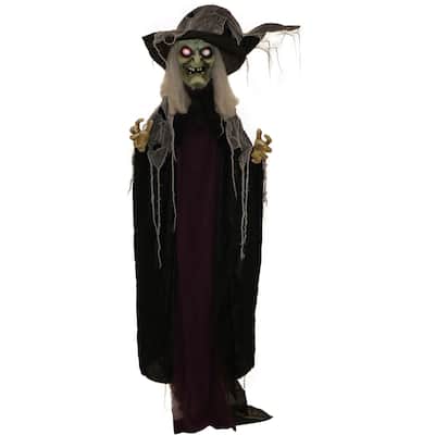 Haunted Hill Farm 6.9-ft. Standing Witch, Indoor/Covered Outdoor Halloween Decoration, LED Red Eyes, Poseable, Spinster