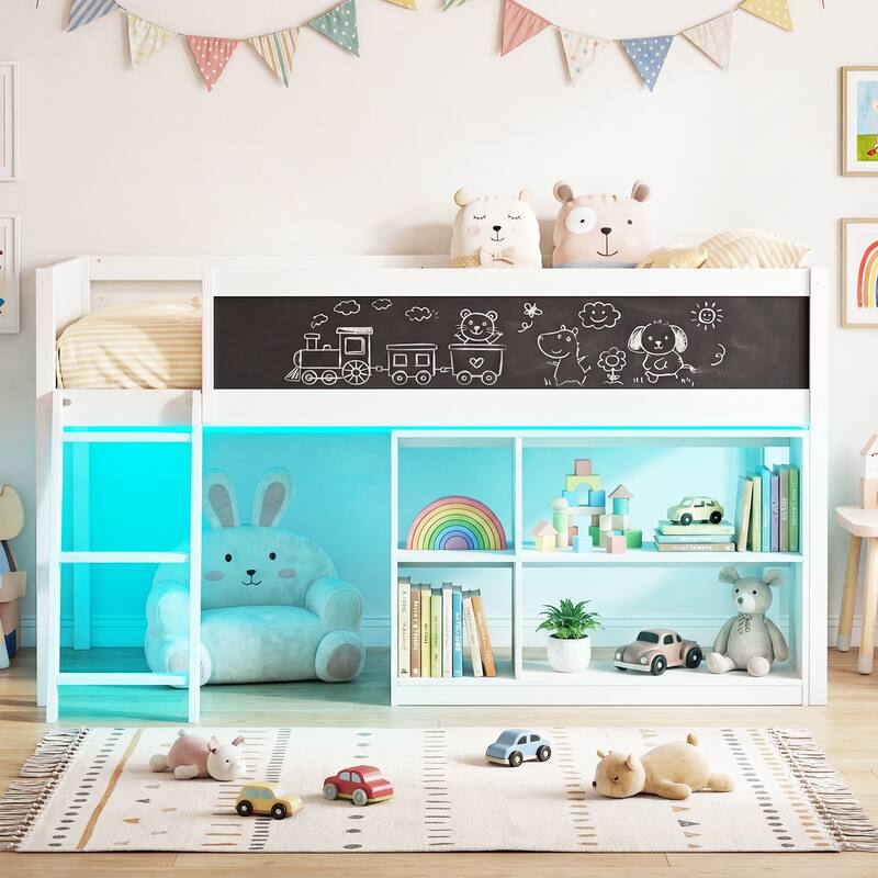 Gymax Kids Loft Bed w/LED Lights Chalkboard & Removable Bookcase