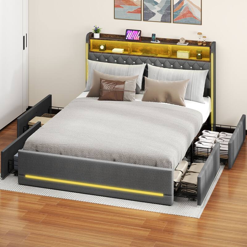 Moasis Queen Bed Frame with Headboard & 4 Storage Drawers, Modern Upholstered Faux Leather Platform Bed