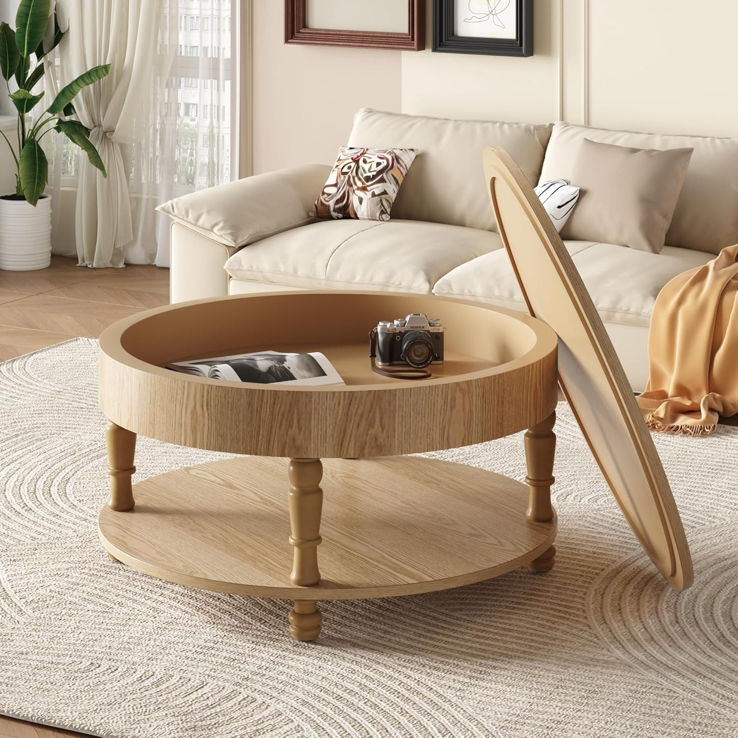31.5'' Round Wood Coffee Table with Storage & Open Shelf, Farmhouse Boho Style